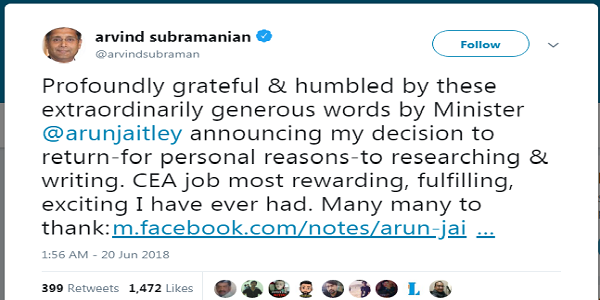 Tweet by Arvind Subramanian